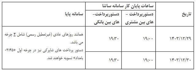 ساعات کاری سامانه‌های ساتنا و پایا اعلام شد